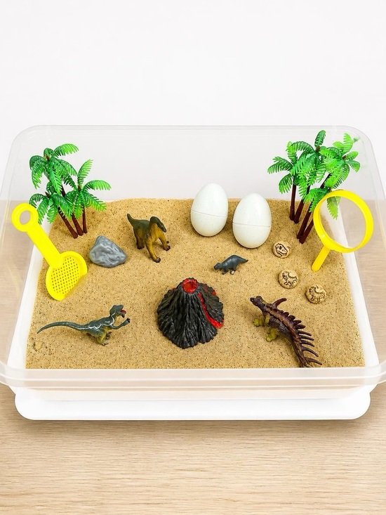 Other - New Large Dinosaur Sand Play Sensory Box with Yellow Tools and Dino Figures